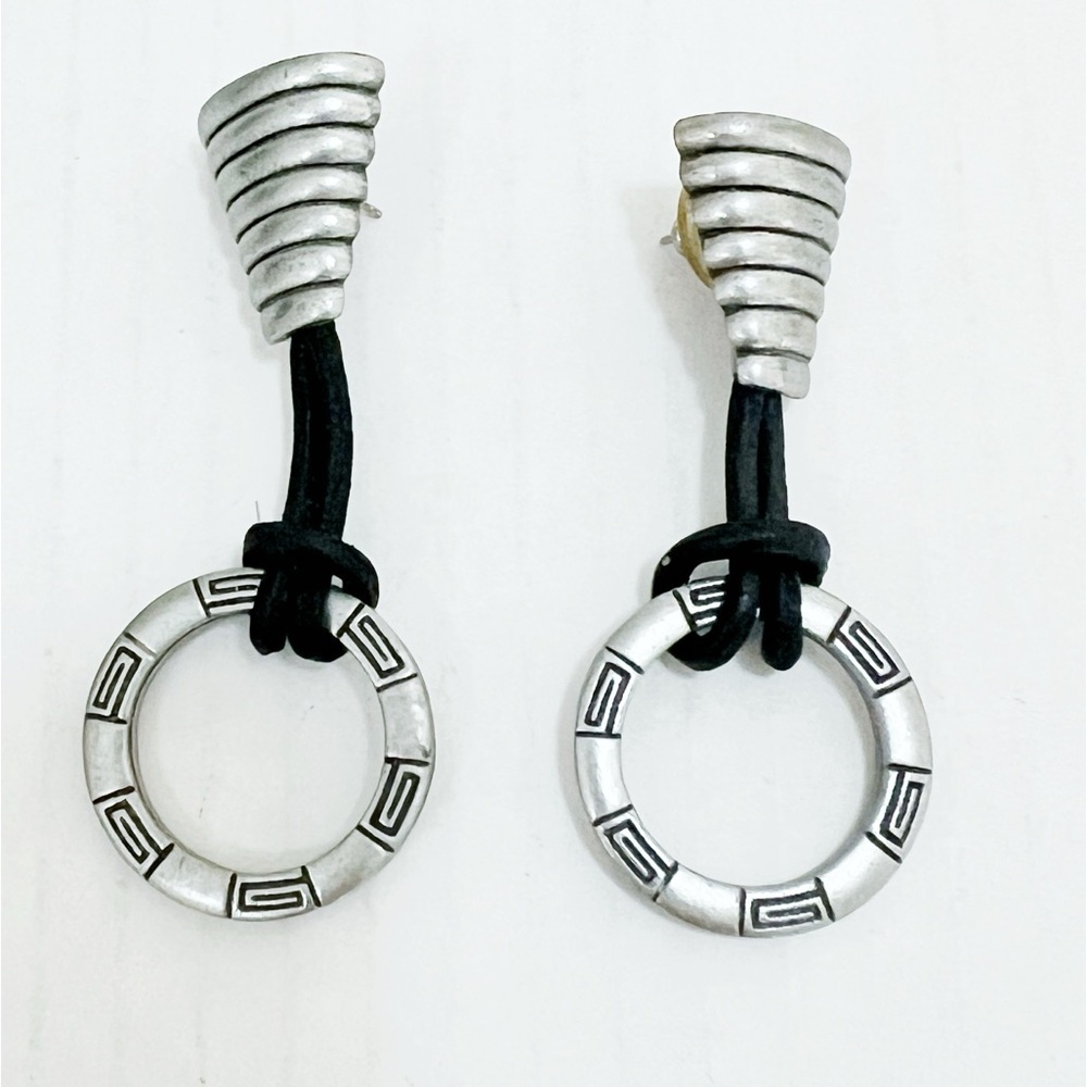 Rare Vintage Southwestern Aztec Inspired Sterling Loop Leather Earrings